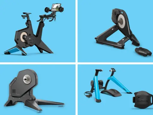 Różne modele trenażerów rowerowych, w tym Tacx Flux 2, pozwalają na trening w domu.