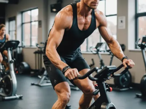 Intensywny trening cardio na rowerze stacjonarnym w siłowni. Mężczyzna z wyrzeźbionymi mięśniami pedałuje z determinacją.