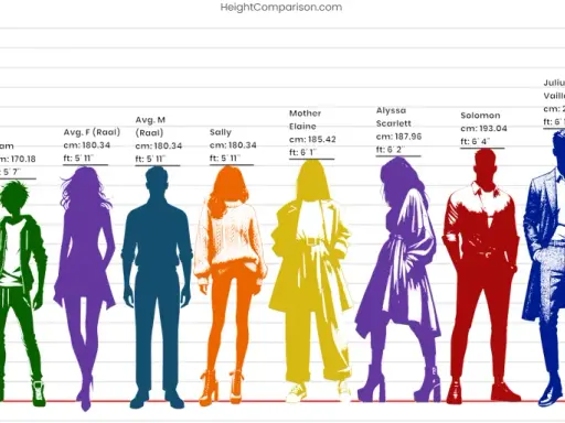 Wykres porównuje wzrosty postaci. Rama 19 cali na jaki wzrost? Liam ma 170 cm (5'7"), inni są wyżsi.