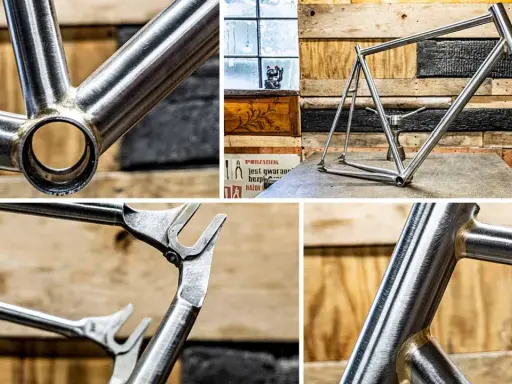 Szczegóły ramy rowerowej. Widać spawane połączenia, które mogą sugerować, że to rama stalowa, a nie aluminiowa.
