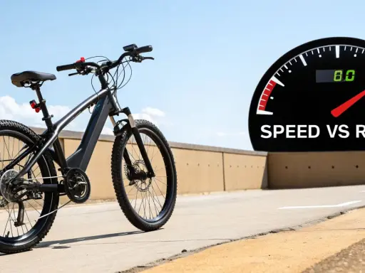 Czarny rower elektryczny na tle nieba i drogi. Obok prędkościomierz z napisem "SPEED VS RANGE", sugerujący maksymalna prędkość roweru elektrycznego.