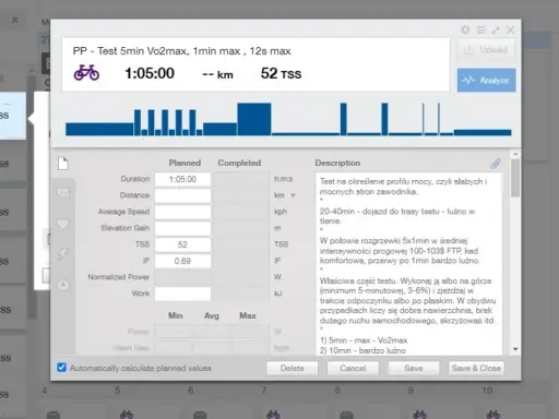 Tabela z danymi treningowymi, gdzie widoczny jest pułap tlenowy (VO2max) i TSS.