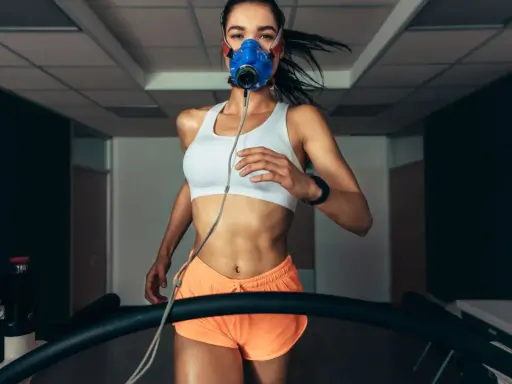 Kobieta w masce tlenowej biegnie na bieżni, badając swoje VO2max.