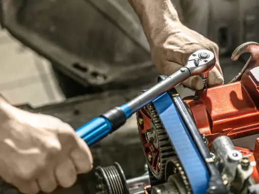 Mechanik używa klucza dynamometrycznego do precyzyjnego dokręcania śrub w silniku. To narzędzie jest kluczowe, by wiedzieć, klucz dynamometryczny co to i jak go używać.