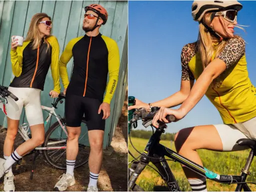 Para rowerzystów w strojach sportowych. Ona ma białe spodenki i żółto-czarną bluzę, on czarne spodenki i żółto-czarną bluzę. Idealnie, jak się ubrać na rower!