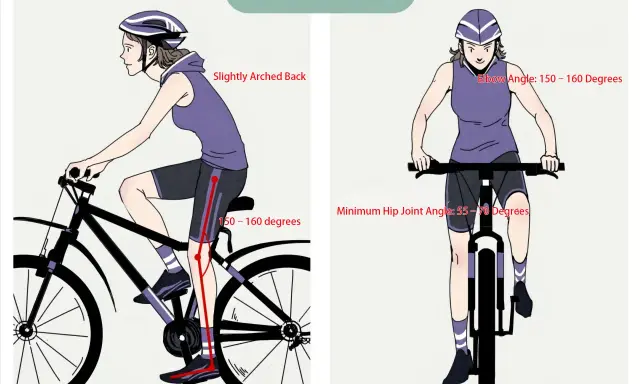 Ilustracja pokazuje prawidłową technikę jazdy na rowerze: lekko wygięte plecy, kąt łokci 150-160 stopni, kąt stawu biodrowego 55-70 stopni.