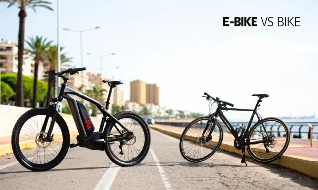 Porównanie wagi roweru elektrycznego i zwykłego roweru. E-bike jest masywniejszy, z widocznym akumulatorem.