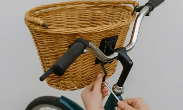 Instrukcja: jak zamontować koszyk do roweru click. Ręce dokręcają śrubę mocującą wiklinowy koszyk do kierownicy.