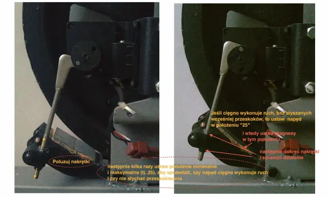 Regulacja napędu roweru magnetycznego. Sprawdź, czy cięgno pracuje płynnie, bez stukania przy pedałowaniu.
