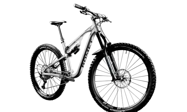 Srebrny rower górski z pełnym zawieszeniem, z oponami Michelin Wild Enduro i obręczami DT Swiss M1700. To przykład marki rowerowe premium.