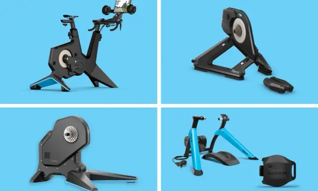 Różne modele trenażerów rowerowych, w tym Tacx Flux 2, pozwalają na trening w domu.