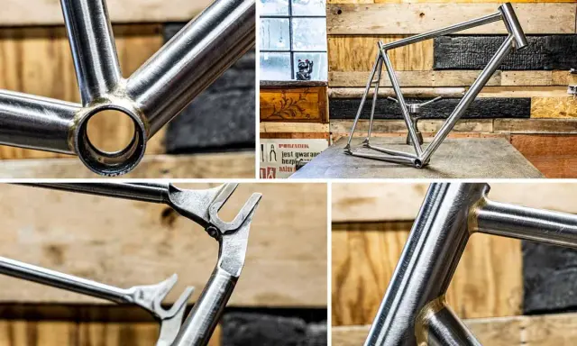 Szczegóły ramy rowerowej. Widać spawane połączenia, które mogą sugerować, że to rama stalowa, a nie aluminiowa.