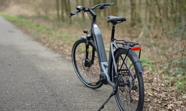 Szary rower elektryczny na ścieżce w lesie. Kto wynalazł rower? Dziś mamy ich wiele, ale początki były skromne.