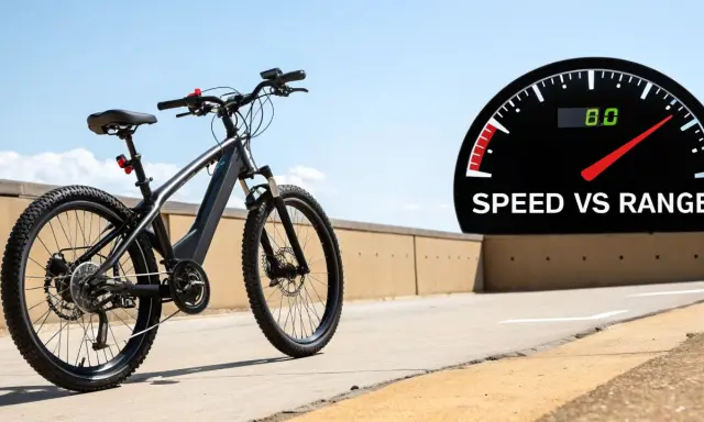 Czarny rower elektryczny na tle nieba i drogi. Obok prędkościomierz z napisem "SPEED VS RANGE", sugerujący maksymalna prędkość roweru elektrycznego.