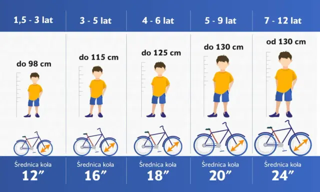 Tabela rozmiarów rowerów: rama 54 cm na jaki wzrost? Od 130 cm wzrostu, dla dzieci 7-12 lat, koła 24".