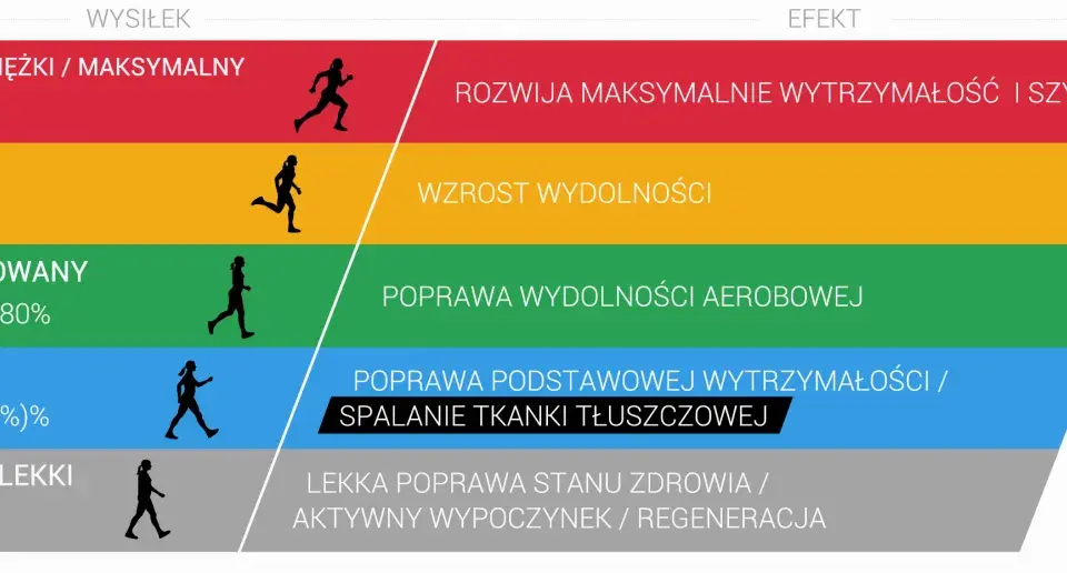 Grafika pokazuje poziomy wysiłku i ich efekty. Umiarkowany wysiłek (70-80%) poprawia tętno aerobowe, budując wytrzymałość.