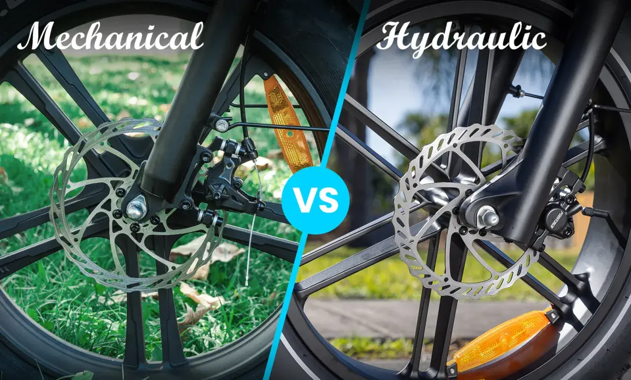 Porównanie hamulców tarczowych: mechaniczne vs hydrauliczne. Widok z bliska na zaciski i tarcze rowerowe.