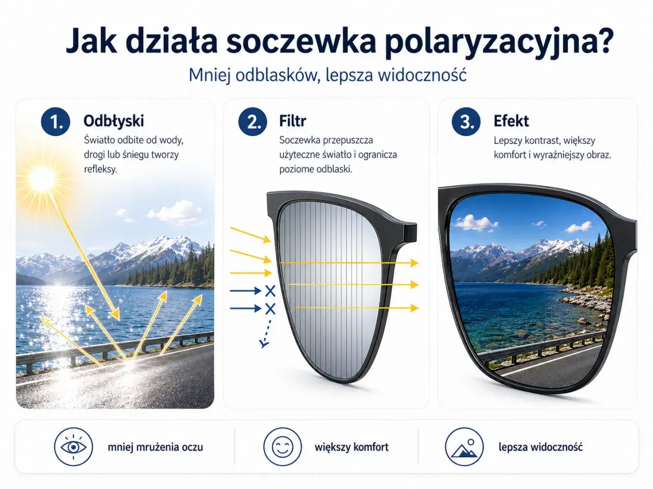 Ilustracja pokazuje, jak polaryzacja w okularach redukuje odblaski od wody i drogi, zapewniając lepszą widoczność i komfort.