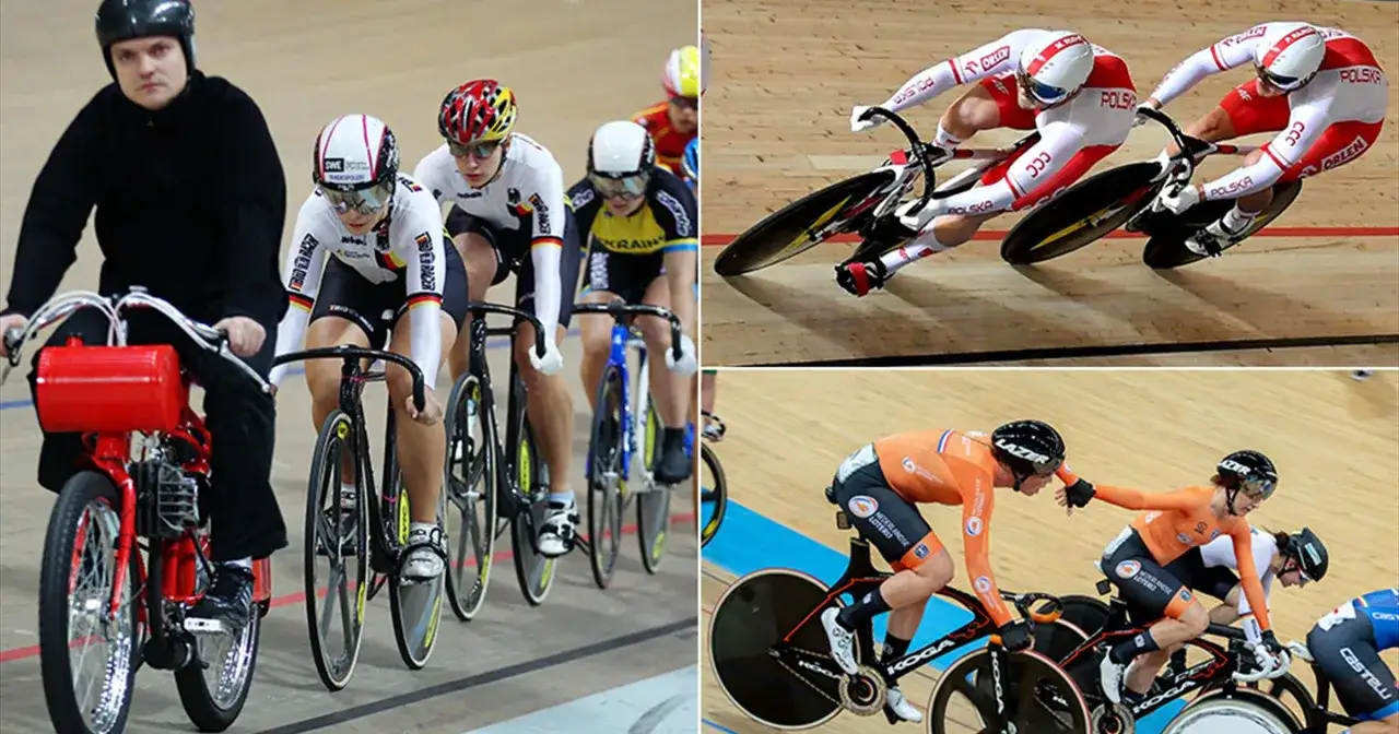 Kolarze w akcji podczas wyścigu keirin. Widoczni zawodnicy w strojach narodowych, w tym polscy kolarze w biało-czerwonych kombinezonach.