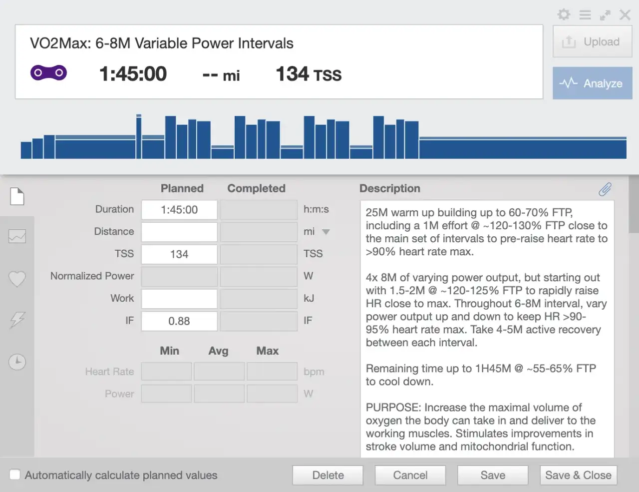 Tabela treningowa VO2Max: 6-8M Variable Power Intervals, czas 1:45:00, 134 TSS. Opis treningu i wykres mocy.