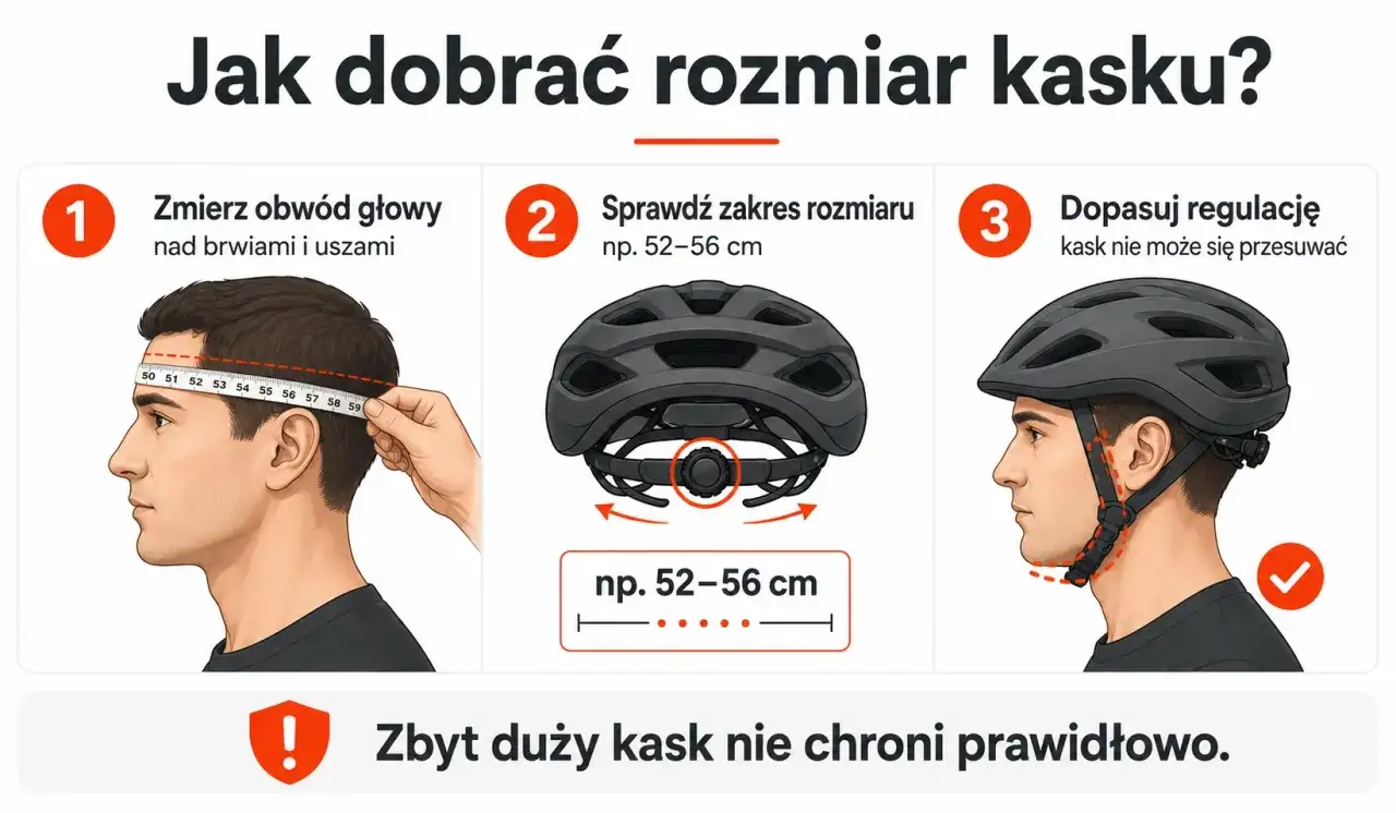 Instrukcja dopasowania kasku rowerowego: zmierz obwód głowy, sprawdź zakres rozmiaru kasku (np. 52-56 cm) i dopasuj regulację. Zbyt duży kask nie chroni.