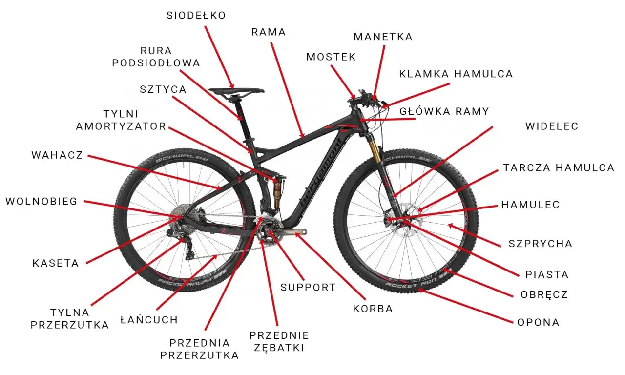 Schemat roweru z zaznaczonymi częściami, w tym piasta, gdzie znajdują się łożyska w rowerze.