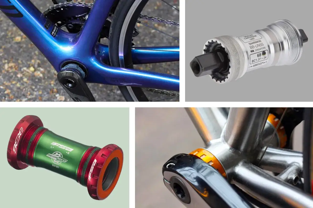 Różne rodzaje suportów rowerowych: błyszczący suport Shimano, zielono-czerwony suport FSA, oraz fragmenty rowerów z widocznym suportem.