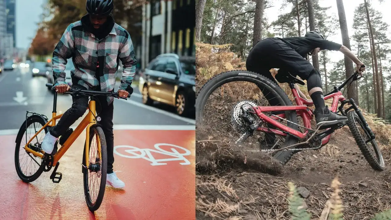 Mężczyzna na rowerze miejskim i rowerzysta MTB w lesie. Zastanawiasz się, jakie pedały do MTB wybrać?