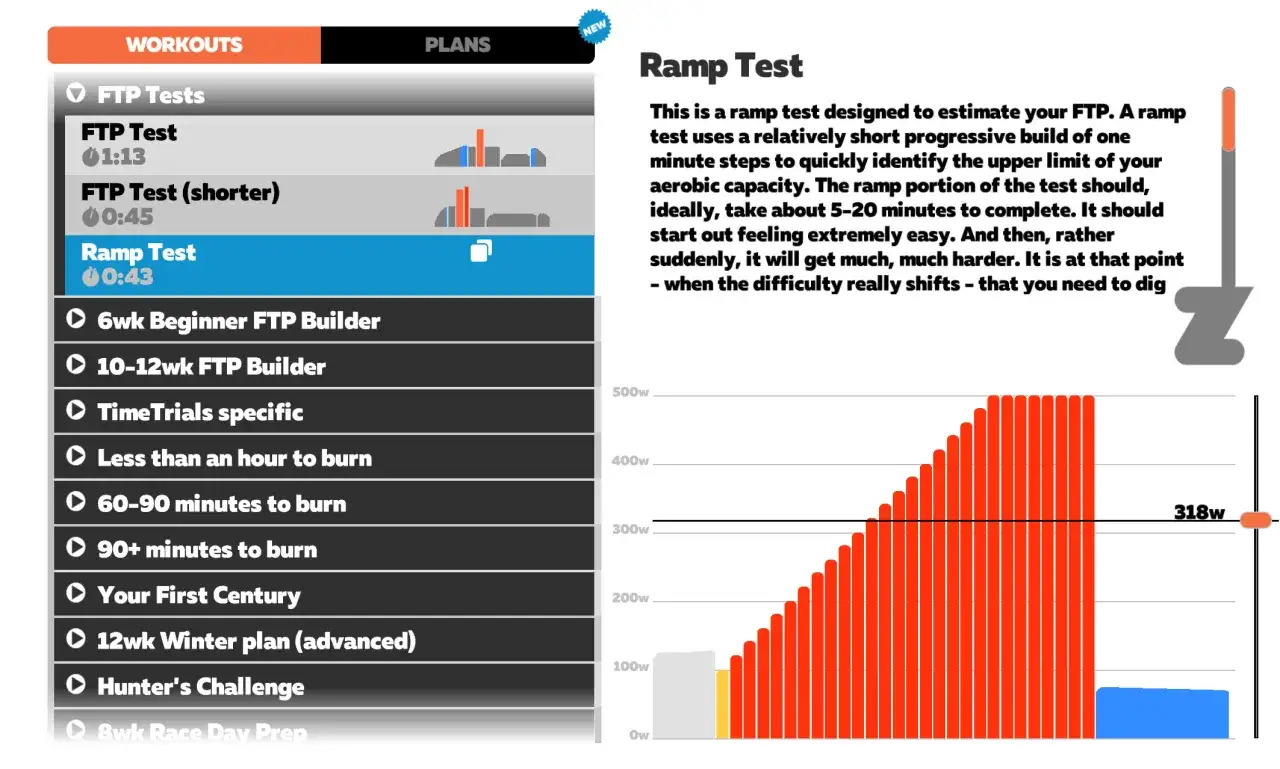 Test FTP rower: Ramp Test, 0:43. Wykres pokazuje progresywny wzrost mocy, od 0W do ponad 300W.