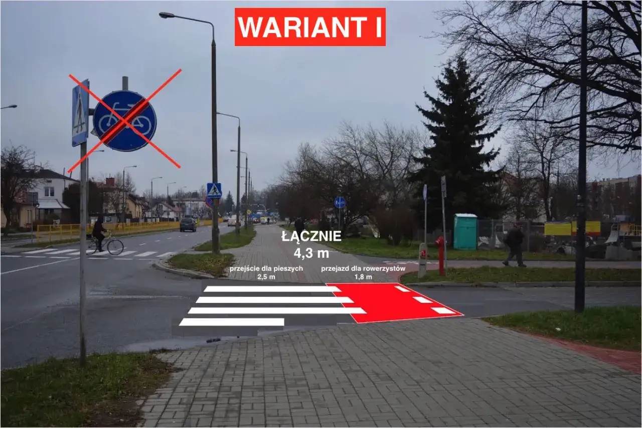 Pasy na ścieżce rowerowej i przejściu dla pieszych, oznaczone jako wariant I. Łączna szerokość 4,3 m.