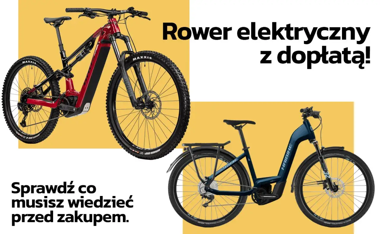 Dwa rowery elektryczne, jeden czerwony g&oacute;rski, drugi niebieski miejski. Sprawdź, jak uzyskać dofinansowanie do roweru elektrycznego.