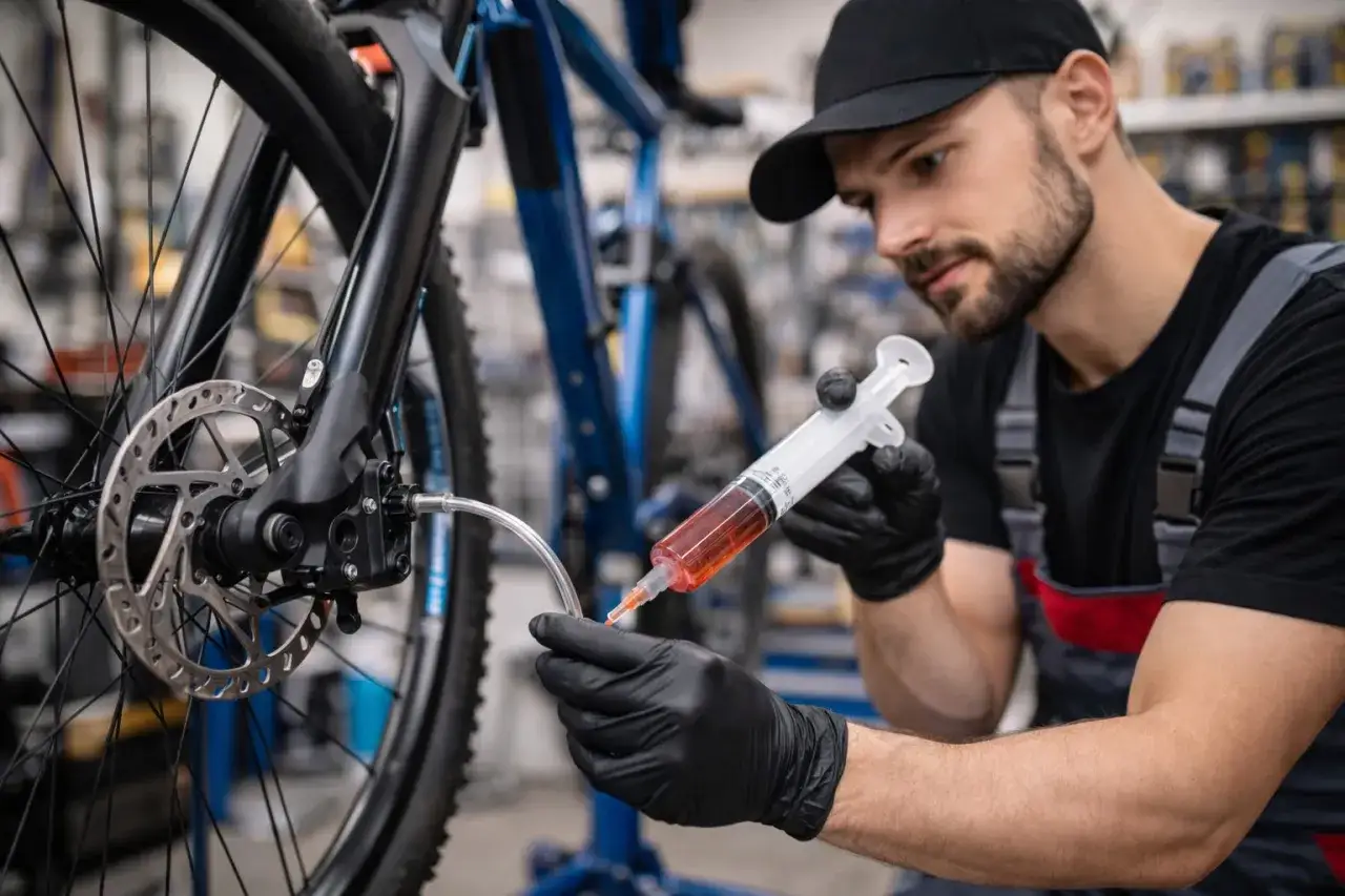 Mechanik w czarnej czapce i ogrodniczkach wykonuje przegląd roweru, odpowietrzając hamulce za pomocą strzykawki z czerwonym płynem.