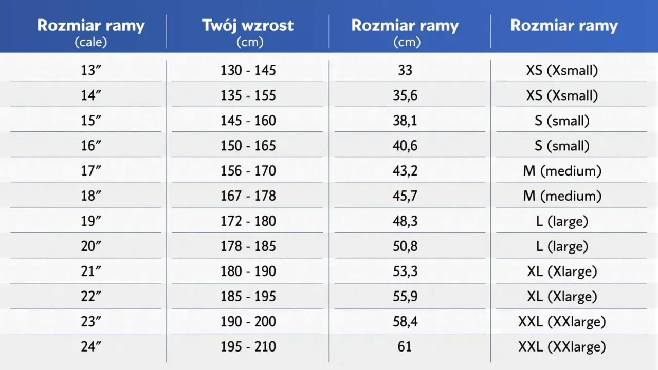Tabela rozmiar&oacute;w: rama 48 cm na jaki wzrost? Od 172 do 180 cm wzrostu, co odpowiada rozmiarowi L (large).