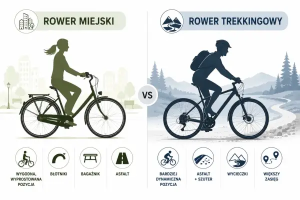 Porównanie dwóch rodzajów rowerów: miejskiego (wygodna pozycja, błotniki, bagażnik, asfalt) i trekkingowego (dynamiczna pozycja, asfalt+szuter, wycieczki, większy zasięg).