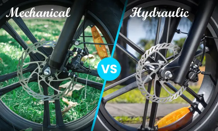 Porównanie hamulców tarczowych: mechaniczne vs hydrauliczne. Widok z bliska na zaciski i tarcze rowerowe.