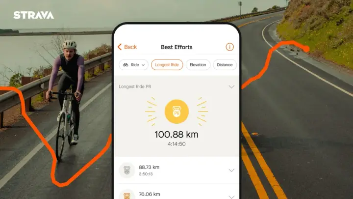 Aplikacja Strava pokazuje rekordowy dystans 100.88 km.