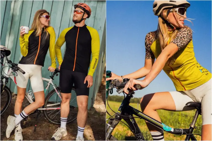 Para rowerzystów w strojach sportowych. Ona ma białe spodenki i żółto-czarną bluzę, on czarne spodenki i żółto-czarną bluzę. Idealnie, jak się ubrać na rower!